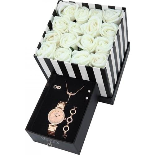 Forentina Beyaz Güllü Kutuda Melek Kolye Küpe Bileklik Yüzük Saat Set PS1552