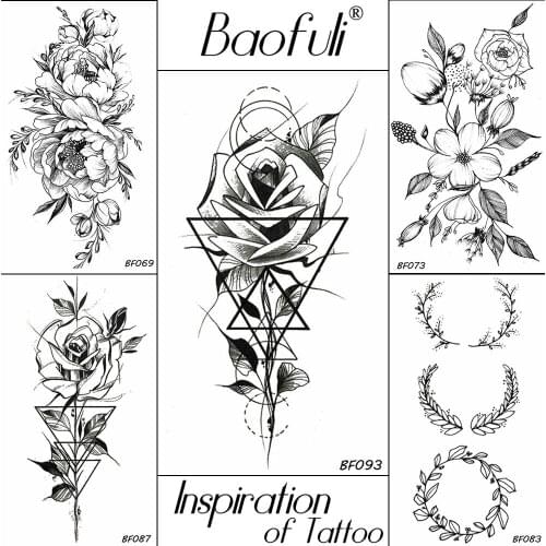 Baofuli Geometric Rose Black Flower Temporary Tattoo Chains Painting Art Tatto Fake Wreath Tattoo Leaves Body Women Girls