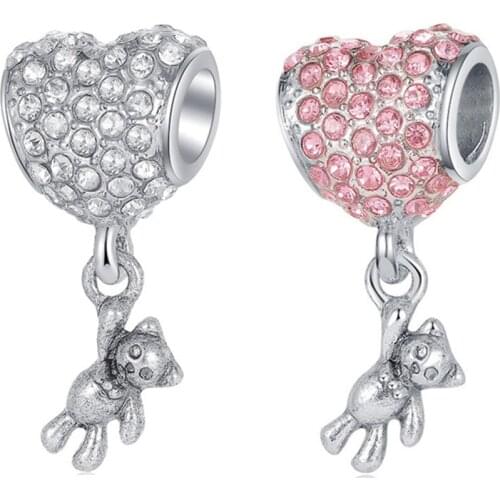 Crystal Heart Balloon Bear Pendant DIY Beads Suitable for Original Pandora Charm Bracelet Ladies Jewelry Making Gifts
