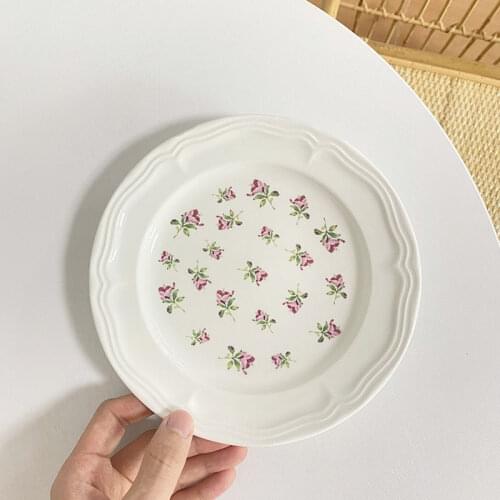 Chinese Ceramic Plate Household 8 Inch Flat Plate French Vintage Western Dish Flower Floret Porcelain China Tableware Baking