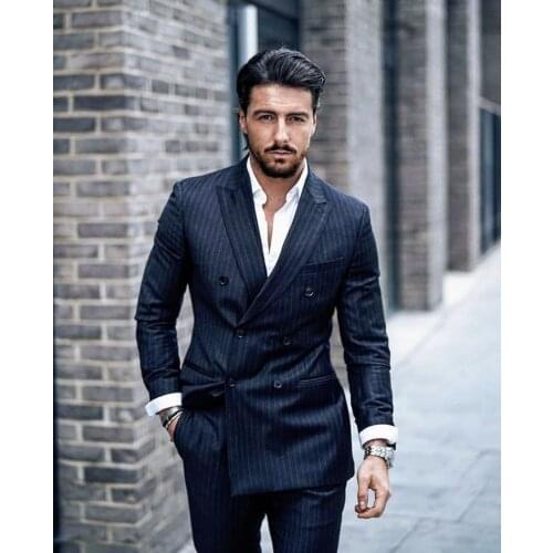 Costume Homme New Fashion Casual Stripe Double Breasted Wedding Suits Terno Masculino 2 Pieces Slim Fit Blazer (Jacket+Pant )