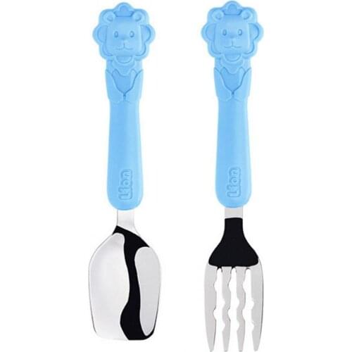 2Pcs/Set Toddler Spoon Fork Cartoon Animal Anti-scald BPA Free Kids Training Dinnerware Set Solid Feeding Utensils