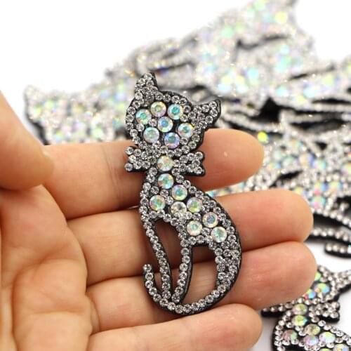 5pcs Cute Cat AB Rhinestone Applique Sew on Patch for Clothing Diy Patches Beaded Applique ForHeadwear Garment Home Decor