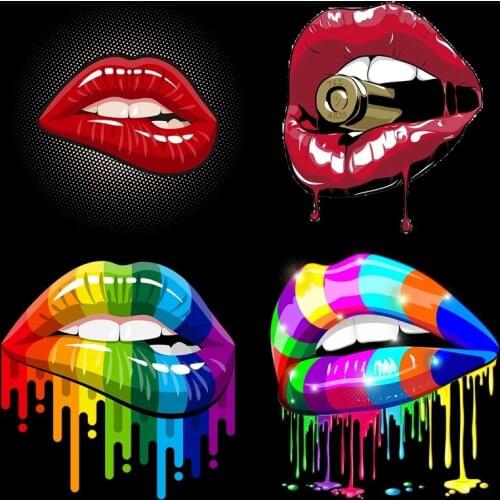 Fashionable female sexy style rainbow lips biting bullet personalized vinyl heat transfer sticker DIY Iron on T-shirt decoration