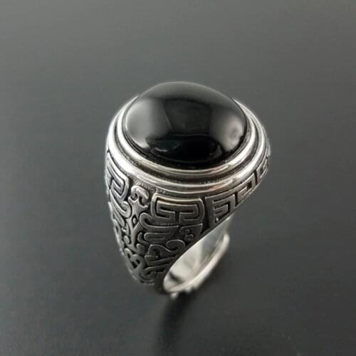 925 Sterling Silver color Natural Black Onyx Stone Rings Men Oval Onyx Thick Ring Silver color Jewelry Men Thai Silver Rings