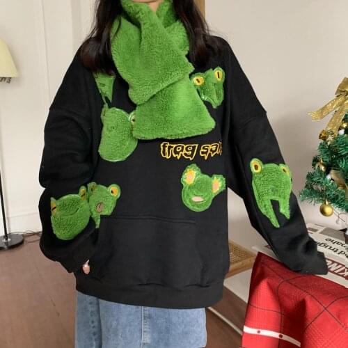 Autumn Winter New Frog Sweatshirt O-neck with Scarf Loose Harajuku Korean Long-sleeved Lazy Frog Kawaii Fashion Black Pullovers
