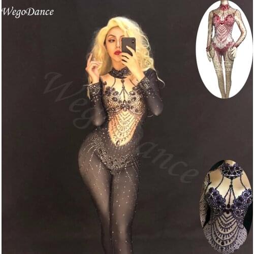 New Black Red Sparkly Rhinestones Jumpsuit Womens Birthday Dance Party Prom Bodysuit Nightclub Singer Show Stage Rompers