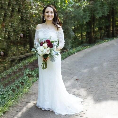 Charming New White Lace Mermaid Bridal Wedding Dresses with Off Shoulder 3/4 Sleeve Boat Neck Wedding Gowns for Bride Affordable