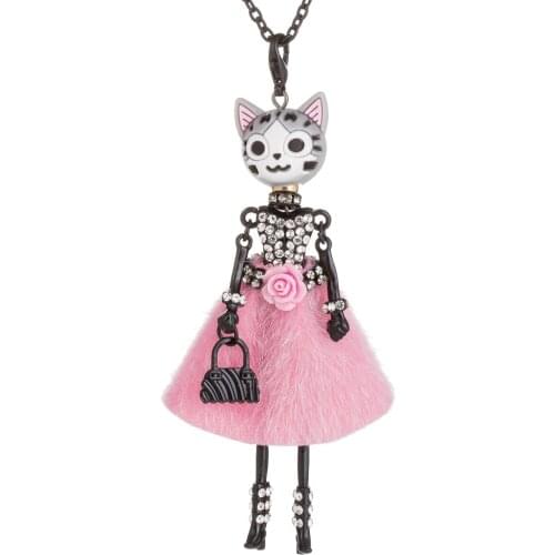 HOCOLE New Flower Doll Necklace Lovely Cat head Long Chain Pendant Statement Rhinestone Doll Necklaces Women female Jewelry 2019