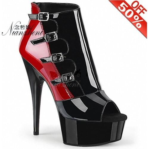 Sexy Patent leather Mixed colors Buckle strap Low tube Short Boots 15CM High heeled shoes Thick platform 6 inches Nightclub Show