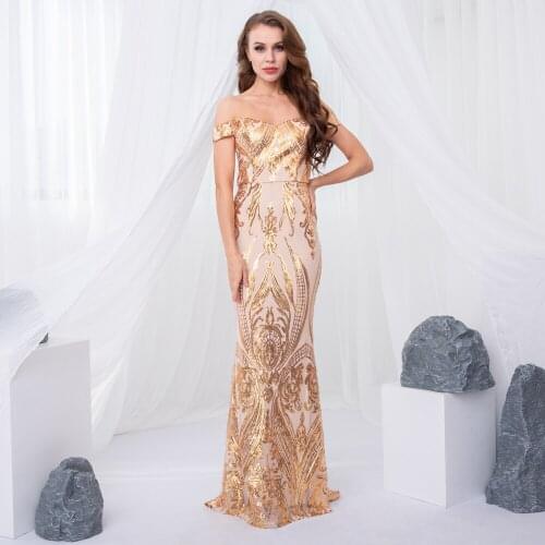 Off the Shoulder Sequined Sleeveless Maxi Dress Prom Evening Party Slash Neck Setretchy Floor Length Gown
