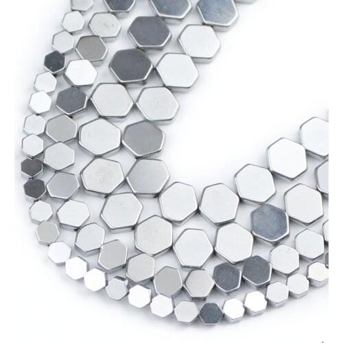 Flat Hexagon Hematite Natural Stone Silvers Spacer Loose Beads For Jewelry Making Diy Bracelets Necklace Accessories 4/6/8MM