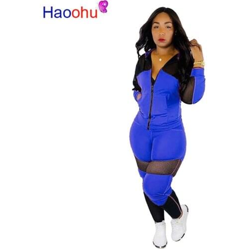 HAOOHU Casual Mesh Sheer Two Piece Set Tracksuit Long Sleeve Zipper Top + Pants Sweatsuit Set 2 Piece Club Outfits Matching Set