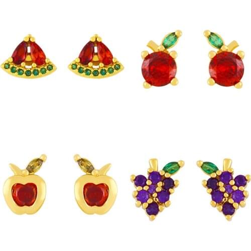 Cute Grape Apple Fruit Stud Earring Exquisite Crystal Zircon Piercing Earrings Summer Sweet Simple Style Jewelry Gifts