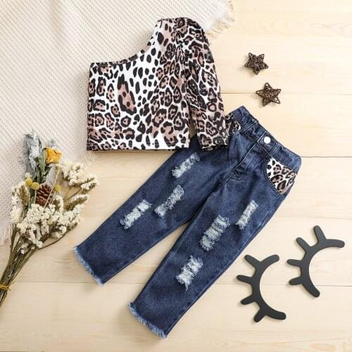 FOCUSNORM 2pcs Fashion Toddler Girls Autumn Clothes Sets Leopard Printed Long Sleeve One Shoulder Tops Denim Pants 1-5Y