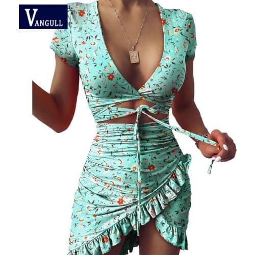 Vangull Floral Print Fashion Tie Up Wrap Short Dress 2020 Summer New Holiday Ruffles Sun dress Ruched Womens Sexy Chic Dress