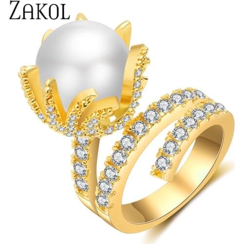 ZAKOL Big Synthetic Pearl Jewelry Fire Shaped Zirconia Rhodium Color Micro Paved Rings for Women New Anel Feminino FSRP2118