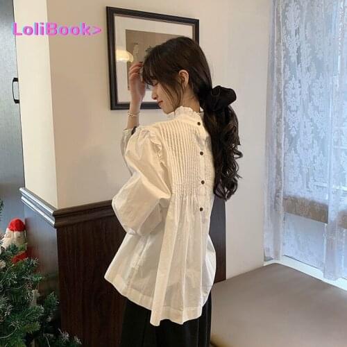 Lolibook female Puff Long Sleeve Ruffled Collar Loose Tops Korean Women Doll Shirt Back Pleated Single Breasted Sweet Blouse