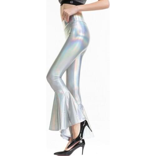 Wendywu Sexy Lady PU Faux Leather Solid Elastic Casual Shiny Flare Legging Bodycon Golden Silver Pants Legging