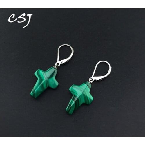 CSJ Natural Green Malachite Drop Earrings Sterling 925 Silver Fine Jewelry for Women Lady Party Birthday Gift Box
