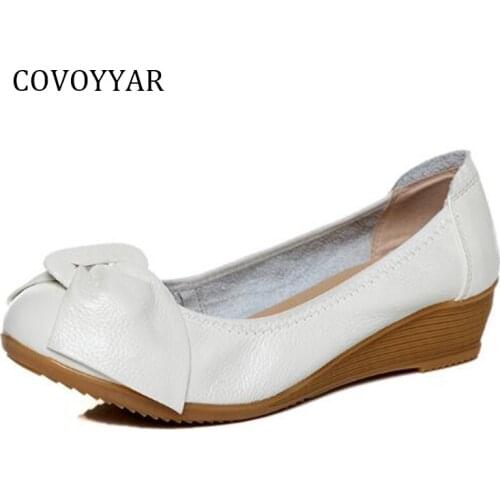 COVOYYAR 2019 Bowtie Women Pumps Spring Summer Comfort Genuine Leather Wedges High Heels Slip On Round Toe Casual Shoes WHH623