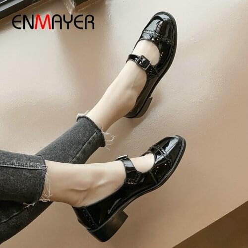 ENMAYER Leisure 2020 Ladies Shoes Casual Round Toe Women Shoes Women Shoes Patent Leather High Heel Buckle Strap Mary Janes