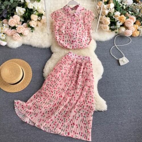 2021 summer sweet printed chiffon shirt+high waist pleated skirt women two piece sets