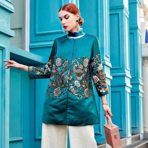Qian Han Zi 2020 brand runway fashion jacket trench coat Women vintage bird flower jacquard beaded green luxury Coat Jacket