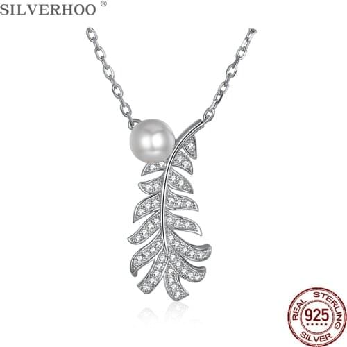 SILVERHOO 925 Sterling Silver Crystal Pearl Pendant Necklaces For Women Plant Leaves Necklace Party Personality Fine Jewelry