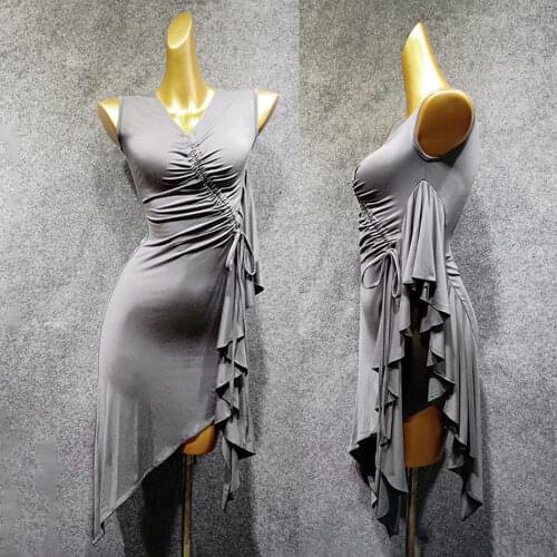 2020 New Latin Dance Dress Women W351 Left Side Lotus Wrinkle Performance Costume Dancing Cloth Belly Chacha Ballroom Dresses