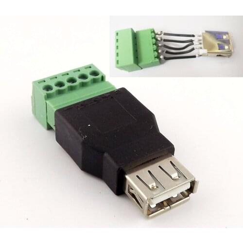 1pcs USB 2.0 Type A Female to 5 Pin Screw with Shield Terminal Plug Adapter Connector