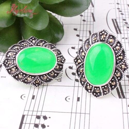 10x14mm Oval Jades Stone Marcastie White Tibetan Silver Trendy Fashion Jewelry Clamp StudEarring 1 Pair.Wholesale.Free Shapping