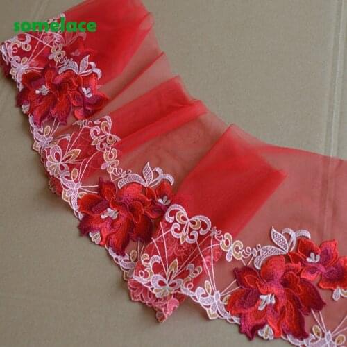 2Yds/lot 17cm Wide Red Mesh Fluorescent 3D Red Floral White Pattern Embroidery High Quality Lace Trim For Garments Wedding