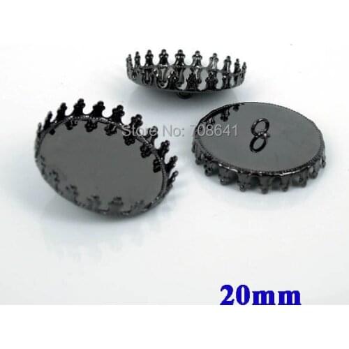 20mm New Gunmetal black Plated Blank Bases Cabochons Style Circle Edge Crown Bezel Back Loop Buttons Pendant Caps Wholesale