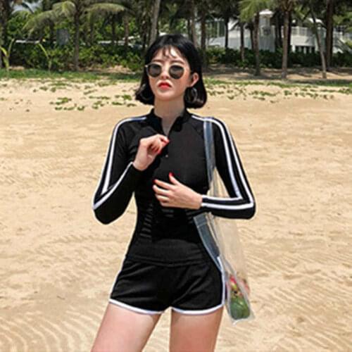 2020 Long Sleeve Rash Guard Women Two Pieces Swimsuit Zipper Swimwear Striped Surfing Suit High Neck Diving Suit Bathing Suit