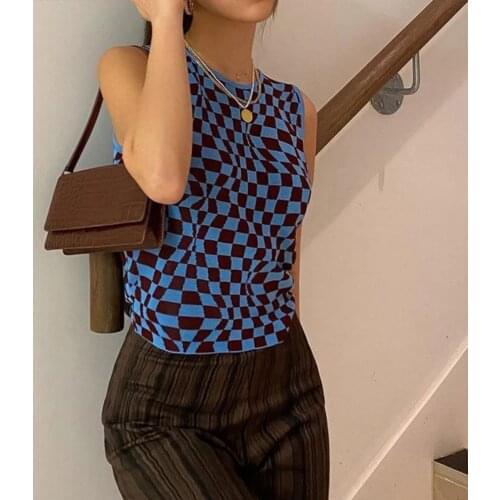2021 Leuke En Psychologische Plaid Print Y2K Gebreide Dames Vest Zomer Harajuku Retro Korte T-Shirt Streetwear Shirt