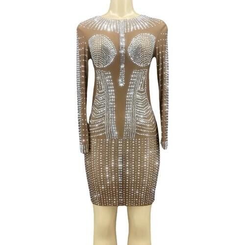 Shining Rhinestones Mesh Long Sleeve Short Dresses Women Birthday Celebrate Prom Party Dress Singer Performance Show Wear