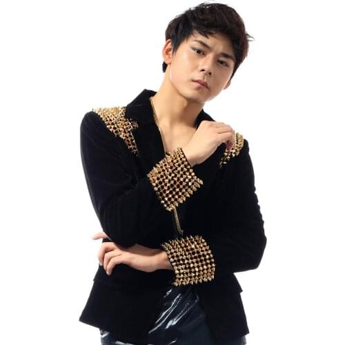 Men Rivet Suits Blazers Jacket Stage Costumes For Singers Formal Jackets For Men Bar Ds Singer Dj Black Gold Studded Clothes
