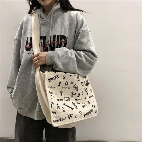 Women Canvas Shoulder Bag Graffiti Print Crossbody Messenger Bag Cloth Tote Handbag Large Books Bags Big Shopping Bags For Girls