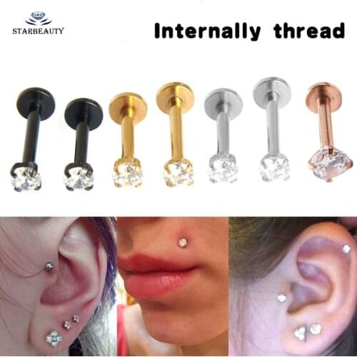 1Pc Titanium Rose Gold Labret Lip Ring Zircon Anodized Internally Threaded Prong Gem Monroe 16G Tragus Helix Ear Piercing