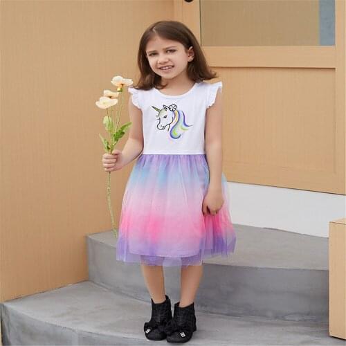 Jumping Meters Hot Selling Summer Unicorn Princess Sleeve Flying Sleeve Cute Girls Dresses Fashion Toddler Clothing Dress