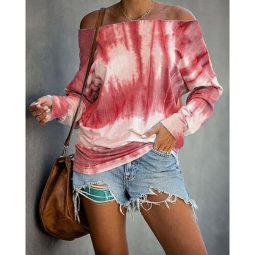 Summer New European and American Casual Womens Wear Red Purple Blue Tie-Dyed Long-Sleeved Loose T Shirt