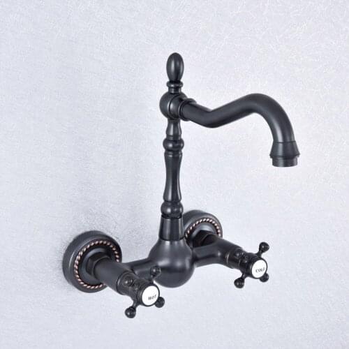 Oil Rubbed Bronze Dual Cross Handles Wall Mounted Hot&Cold Bathroom Kitchen Basin Sink Swivel Faucet Mixer Tap Nsf723