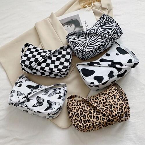 Fashion Animal Pattern Print Nylon Casual Shoulder Bag Women Retro Plaid Leopard Underarm Bag All-match Shopper Purses Female