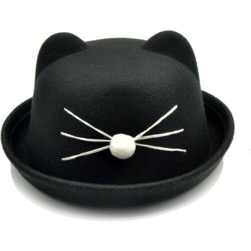 Fashion Little girls Wool Felt Womens Fedoras Hats kitten Retro Vintage Animal Cap Not Deformed Fedoras Caps Cartoon cat hat