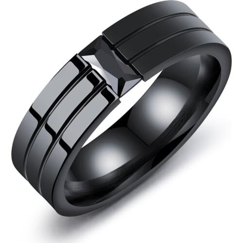 Fashion Titanium Steel Mens Black Zircon Rings Simple Geometric Ring Jewelry Good Quality
