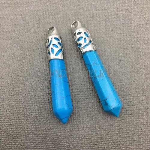 MY0605 Blue Howlite Spike Pendant Charm with Silver Plated Incised Cap ,Stick Pendant For Jewelry