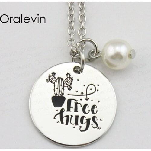 Newest Fashion FREE HUGS Inspirational Hand Stamped Engraved Custom Pendant Chain Necklace Gift Jewelry,10Pcs/Lot, #LN1950