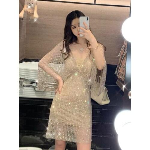 Autumn 2020 new magic color diamond V-neck Korean bra waist tight buttocks dress