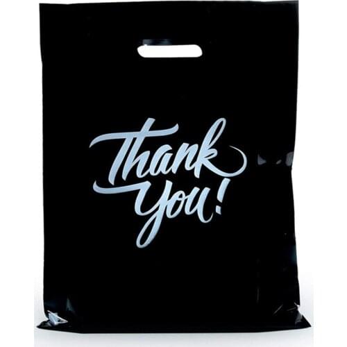 50 Thank You Bags 12x15 Die Cut Handles Shopping Bags For Boutique Goodie Bags Retail Gift Bags Reusable Plastic Bags (Black)